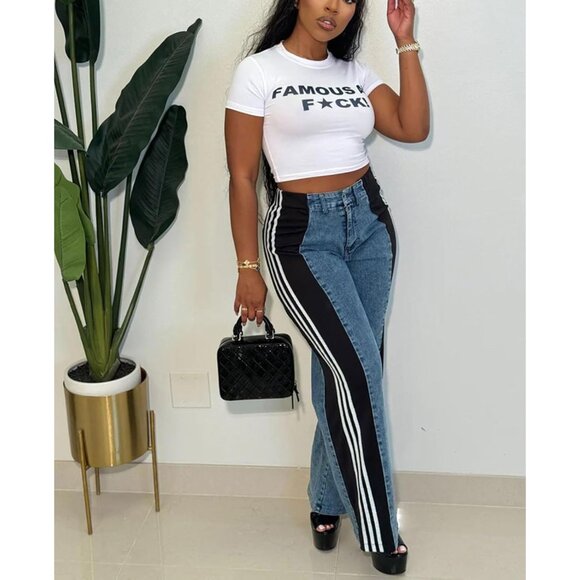 Womens Wide Leg Stretch Jeans High Waisted Color Block Casual Pants - Picture 5 of 8